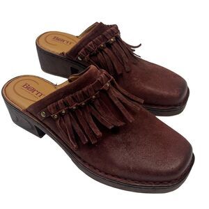 Born Women's Maroon Harmony Slip On Suede Leather Clogs Size 10 Tasseled Fringe